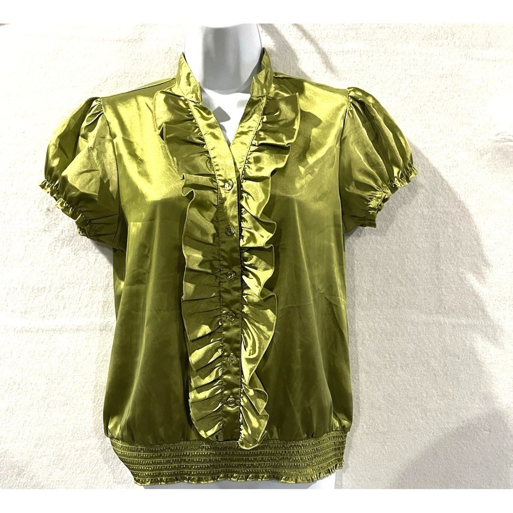 IZ‎ Green Silk Ruffled button down top Medium Goth Retro Fairy Boho Minimalist